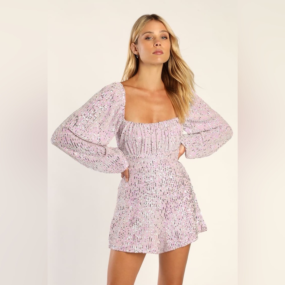 Lulu’s Sequin Romper- Blushing Sweetie Shiny Light Pink Iridescent Sequin Romper